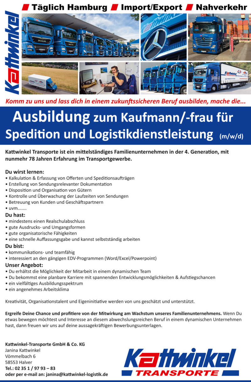 Bewirb dich jetzt! Ausbildung Kaufmann/Kauffrau für Spedition und Logistikdienstleistung (m/w/d) Kattwinkel Transporte