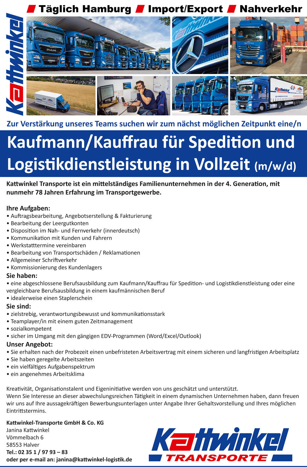 Wir suchen Kaufmann/Kauffrau für Spedition und Logistikdienstleistung (m/w/d) Kattwinkel Transporte